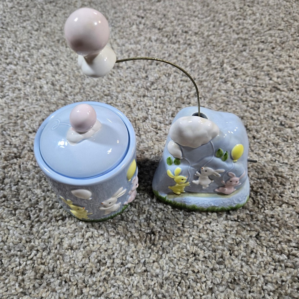 Vintage Baby Bunny Ceramic Music Box Set‎ Nursery Decor Pastel